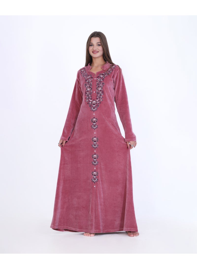 زيكوتكس  عباية / جلابية شتوية نسائية قطيفة فاخرة - تطريز تقليدي أنيق - لون وردي داكن (Dusty Rose) - Image 1
