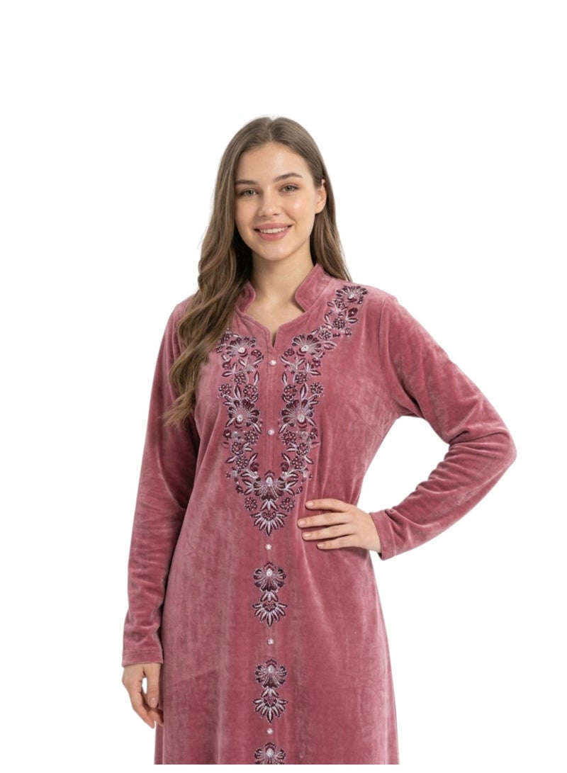 zecotex  Women's Luxury Winter Velvet Abaya / Jalabiya - Elegant Traditional Embroidery - Dusty Rose/Mauve Color - Image 2