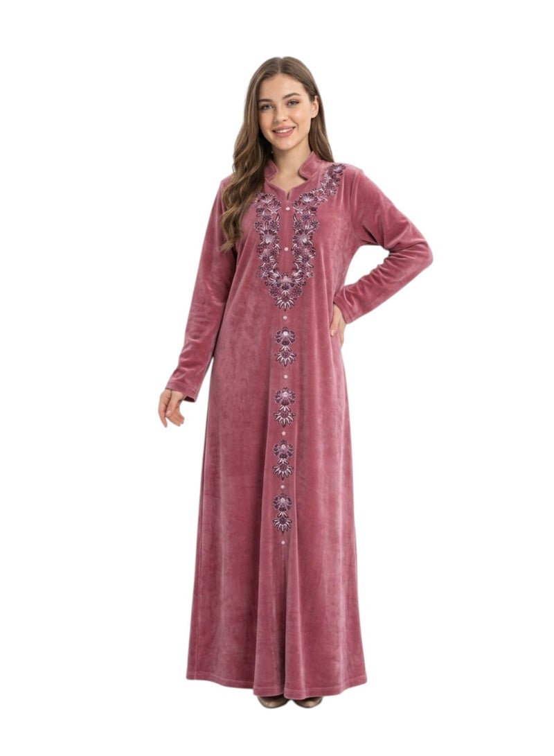 zecotex  Women's Luxury Winter Velvet Abaya / Jalabiya - Elegant Traditional Embroidery - Dusty Rose/Mauve Color - Image 1