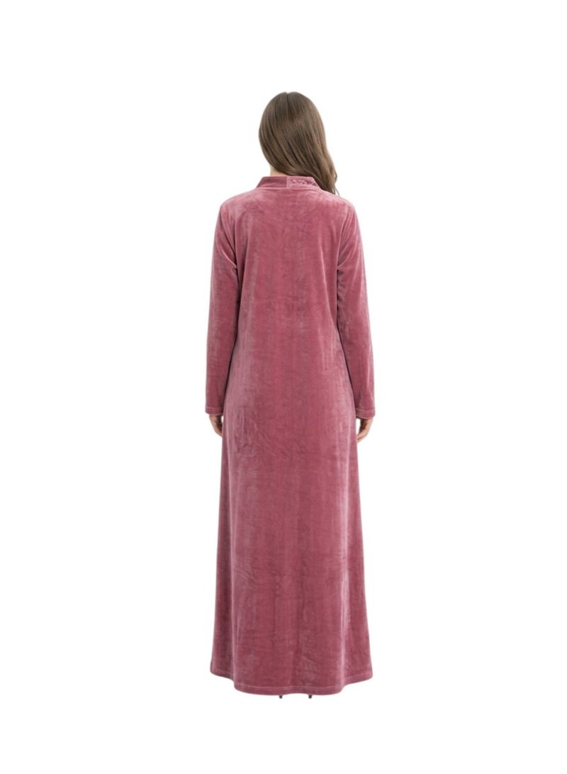 zecotex  Women's Luxury Winter Velvet Abaya / Jalabiya - Elegant Traditional Embroidery - Dusty Rose/Mauve Color - Image 4