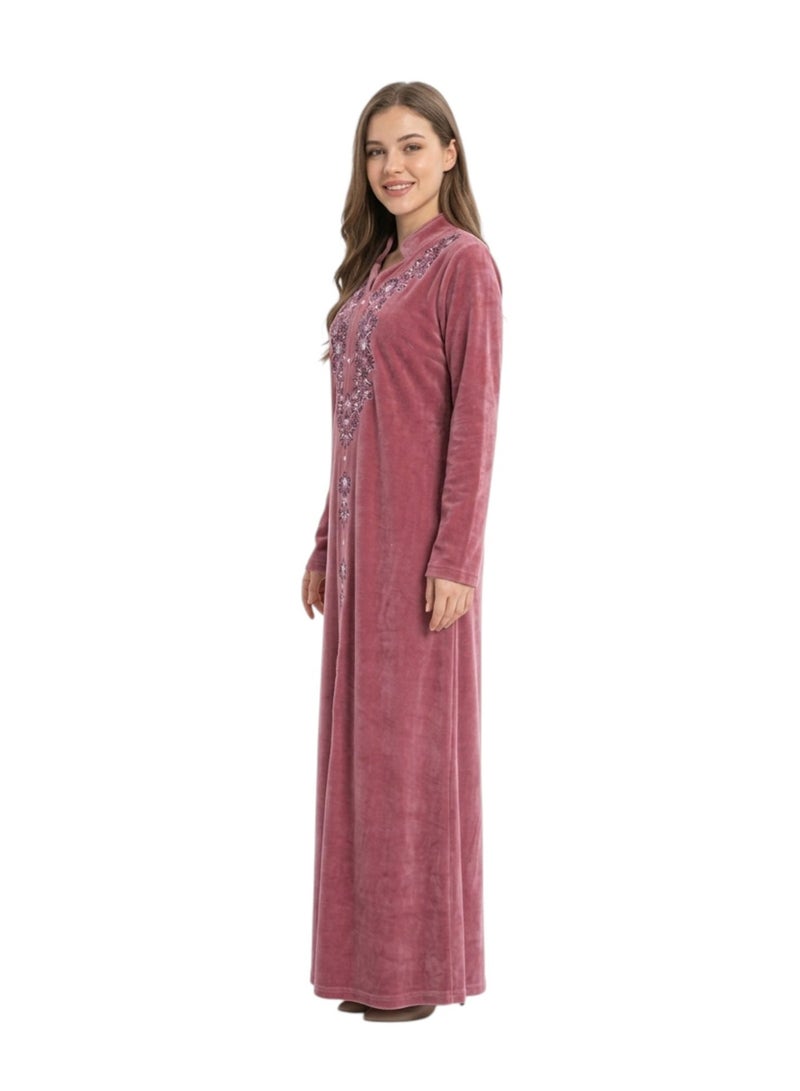 zecotex  Women's Luxury Winter Velvet Abaya / Jalabiya - Elegant Traditional Embroidery - Dusty Rose/Mauve Color - Image 3