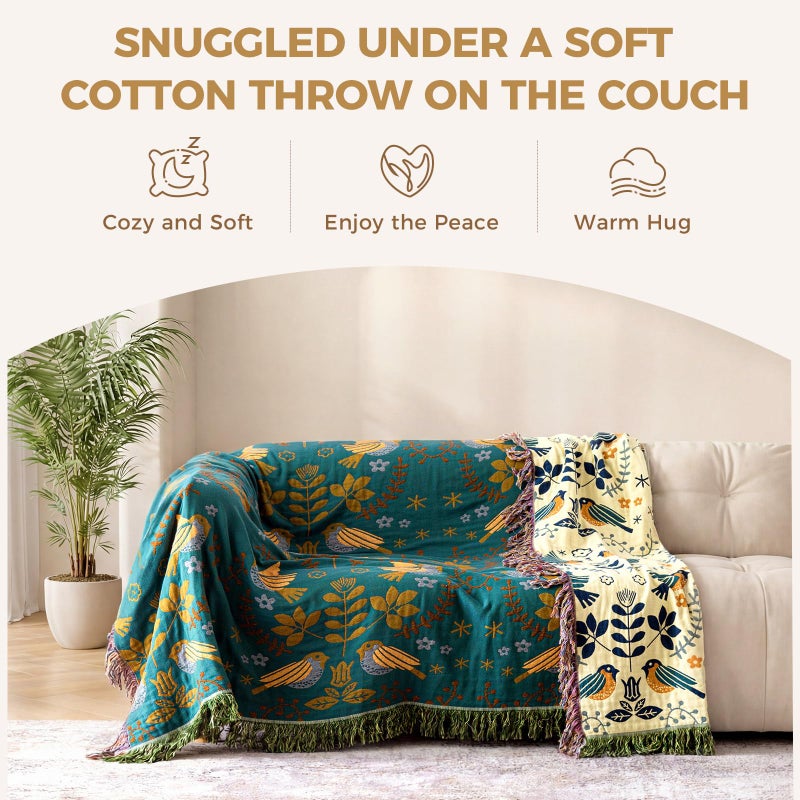 LUTBM King Throw Blanket for Bed 100% Cotton Boho Soft Rustic Quilt Birds and Floral Double Embroidery Breathable Spring Bed Blanket,90"x108" All Season Blankets for Bedding Couch Room Decor - Image 3