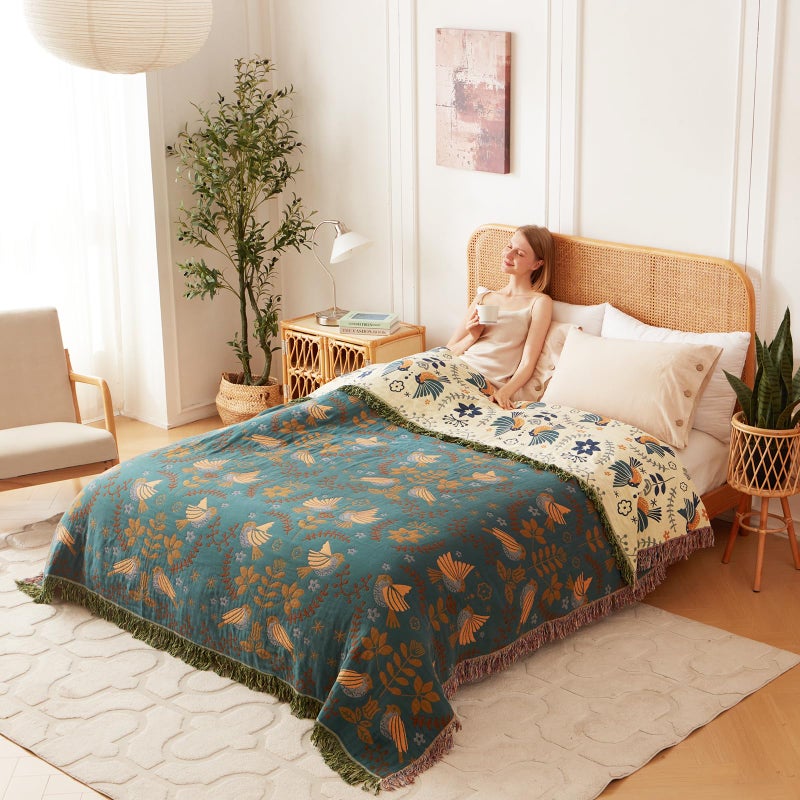 LUTBM King Throw Blanket for Bed 100% Cotton Boho Soft Rustic Quilt Birds and Floral Double Embroidery Breathable Spring Bed Blanket,90"x108" All Season Blankets for Bedding Couch Room Decor - Image 5