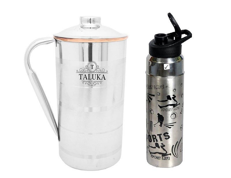 Taluka Stainless Steel Copper Jug 2000 ML for Drinking Water with 1 Steel Bottle Water Storage Pack of 2 - Image 1