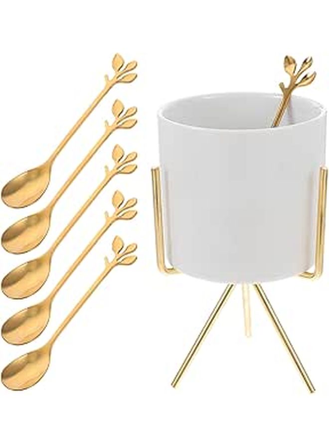White Marble Ceramic Utensil Holder With Iron Rack Spoon Fork Desktop Organizer Set 6 Reusable - Image 1
