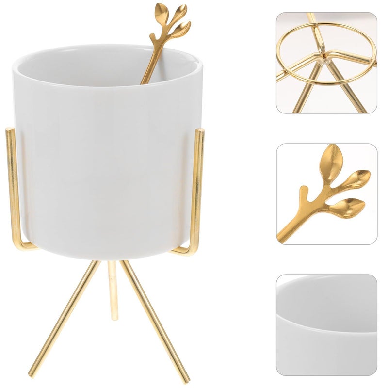White Marble Ceramic Utensil Holder With Iron Rack Spoon Fork Desktop Organizer Set 6 Reusable - Image 3