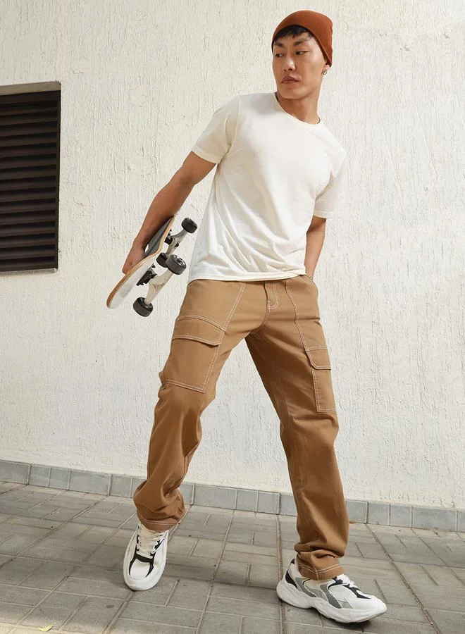 Hubberholme Relaxed Fit Cargo Pants with Contrast Stitch Detail by Styli
