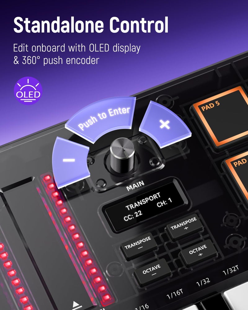 Synido 25 Key USB MIDI Keyboard Controller with 8 Drum Pads, Professional Mini Midi Keyboard with OLED Screen, Beat Maker Machine for Music Production, Black, TempoKey K25 - Image 3