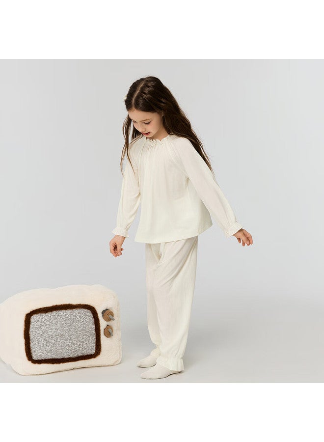 Aimer Kids Girls' Antibacterial And Anti-mite Pajama Set Homewear - Vanilla White, Size 120 - Image 2