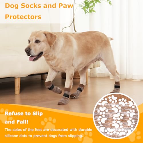 KUPAO Dog Socks 12 Pack to Prevent Licking Paws, Anti Slip Dog Booties and Paw Protectors for Hardwood Floors Hot Pavement, Suitable for Small Medium Large Senior Dogs - Size Large,Brown - Image 2