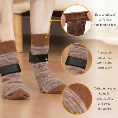 KUPAO Dog Socks 12 Pack to Prevent Licking Paws, Anti Slip Dog Booties and Paw Protectors for Hardwood Floors Hot Pavement, Suitable for Small Medium Large Senior Dogs - Size Large,Brown - Image 4