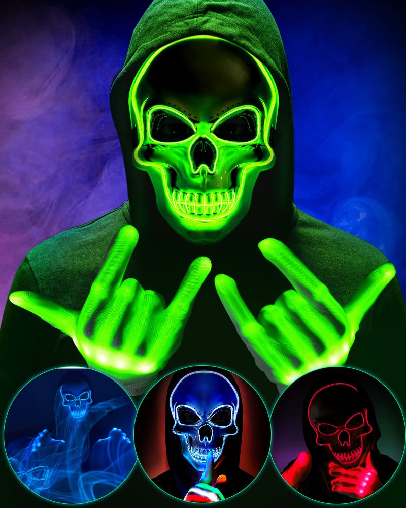 Sumind Halloween LED Mask Scary LED Skeleton Hacker Glow in the Dark Mask for Halloween Costume PartyGreen - Image 2