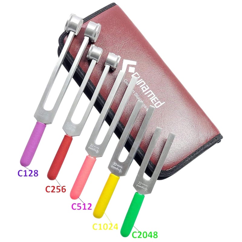CYNAMED New- Medical Grade Aluminum Alloy Neurological Tuning Fork Set (128Hzâ€“2048Hz) â€“Color Coded Handle- Non-Magnetic Sensory Activator for Therapy, Healing & Diagnostic Use â€“ 5-Piece Set - Image 2