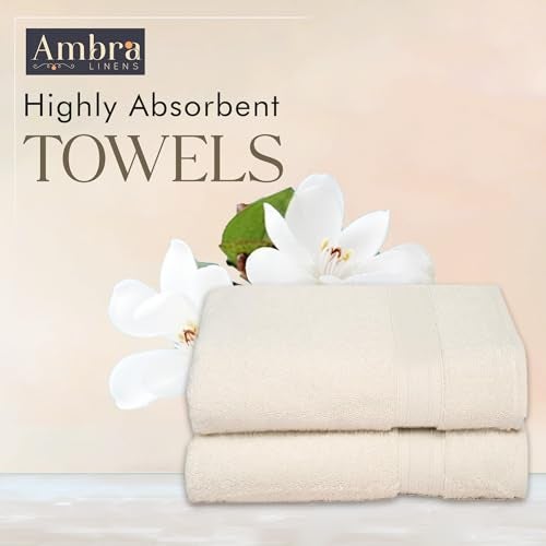 Ambra Linens 500 GSM Highly Absorbent Towels Set, 100% Cotton, Soft and Plush, All Seasons Use, Large, Everyday Use, Durable (2 Pieces of Bath Towel, Cream) - Image 2
