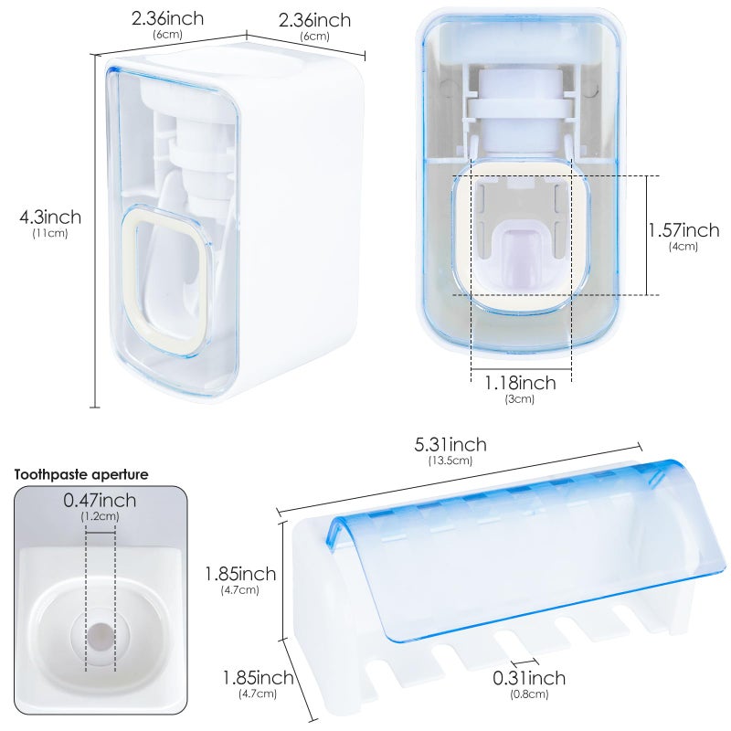 LUEXBOX 5 Slots Wall Mount Toothbrush Holder with Cover, Self Adhesive Toothbrush Storage Organizer for Shower, Toothbrush Hanger with Automatic Toothpaste Squeezer Dispenser(White + Blue) - Image 2