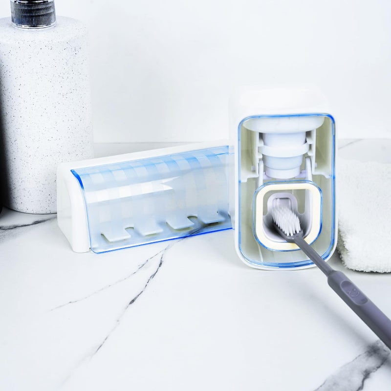 LUEXBOX 5 Slots Wall Mount Toothbrush Holder with Cover, Self Adhesive Toothbrush Storage Organizer for Shower, Toothbrush Hanger with Automatic Toothpaste Squeezer Dispenser(White + Blue) - Image 5