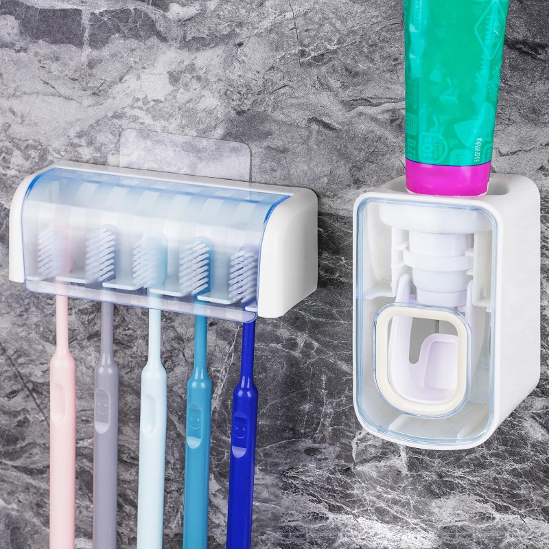 LUEXBOX 5 Slots Wall Mount Toothbrush Holder with Cover, Self Adhesive Toothbrush Storage Organizer for Shower, Toothbrush Hanger with Automatic Toothpaste Squeezer Dispenser(White + Blue) - Image 1