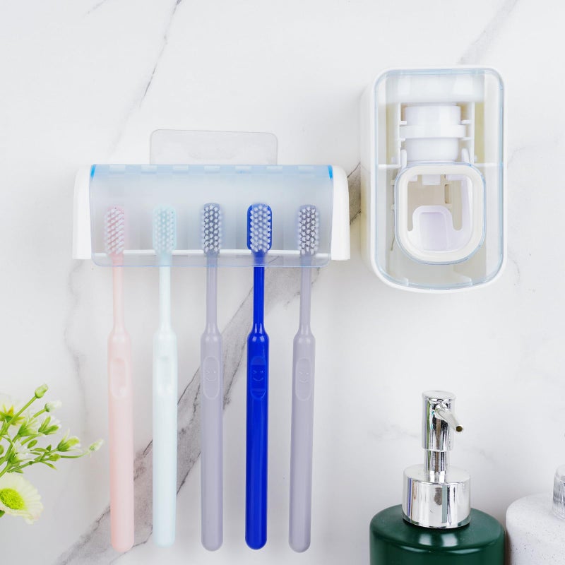 LUEXBOX 5 Slots Wall Mount Toothbrush Holder with Cover, Self Adhesive Toothbrush Storage Organizer for Shower, Toothbrush Hanger with Automatic Toothpaste Squeezer Dispenser(White + Blue) - Image 3