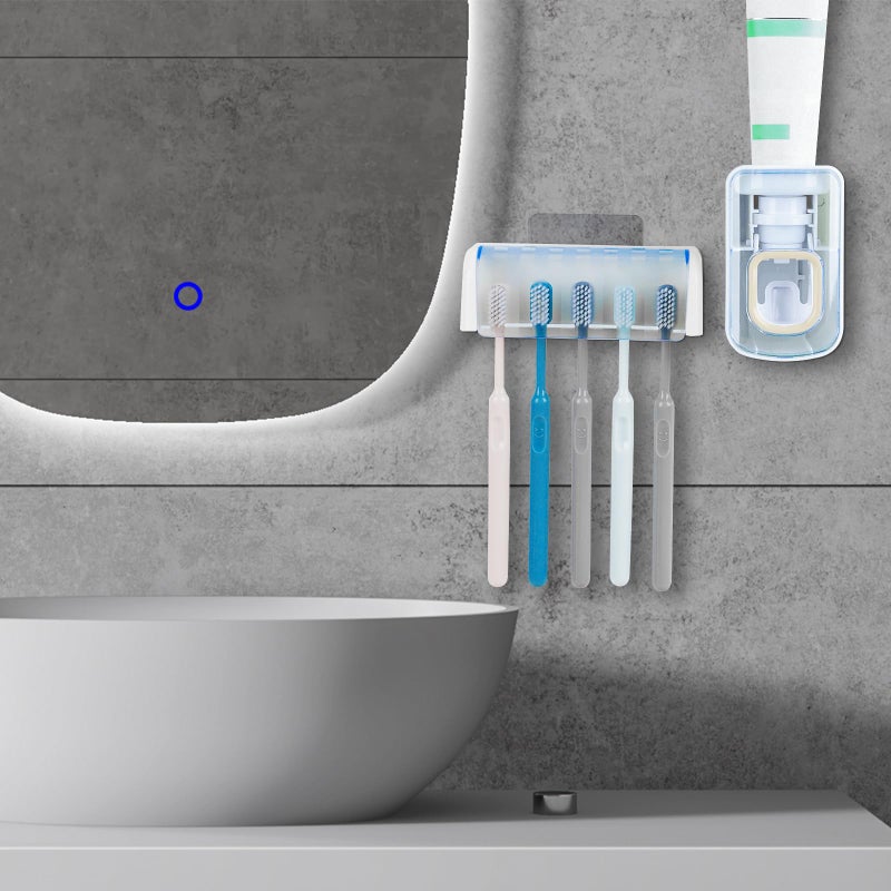 LUEXBOX 5 Slots Wall Mount Toothbrush Holder with Cover, Self Adhesive Toothbrush Storage Organizer for Shower, Toothbrush Hanger with Automatic Toothpaste Squeezer Dispenser(White + Blue) - Image 4