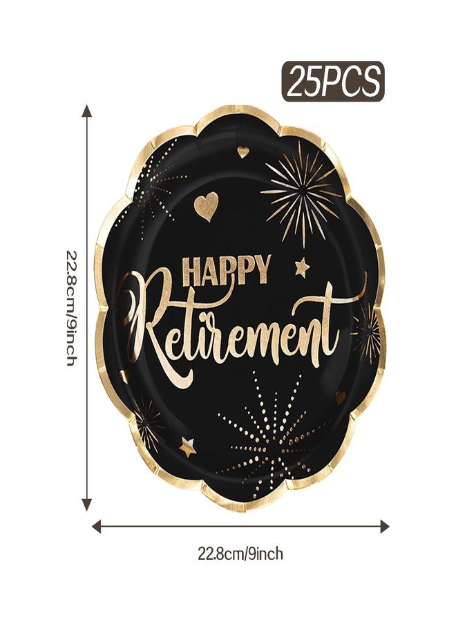 LeZakaa 25Pcs Retire Paper Plates - Happy Retirement Lettering in Black Design Gold Foil Retro Disposable Party Plates Decorative Tableware Supplies for Retirement, Farewell Party - 9 Inch - Image 2