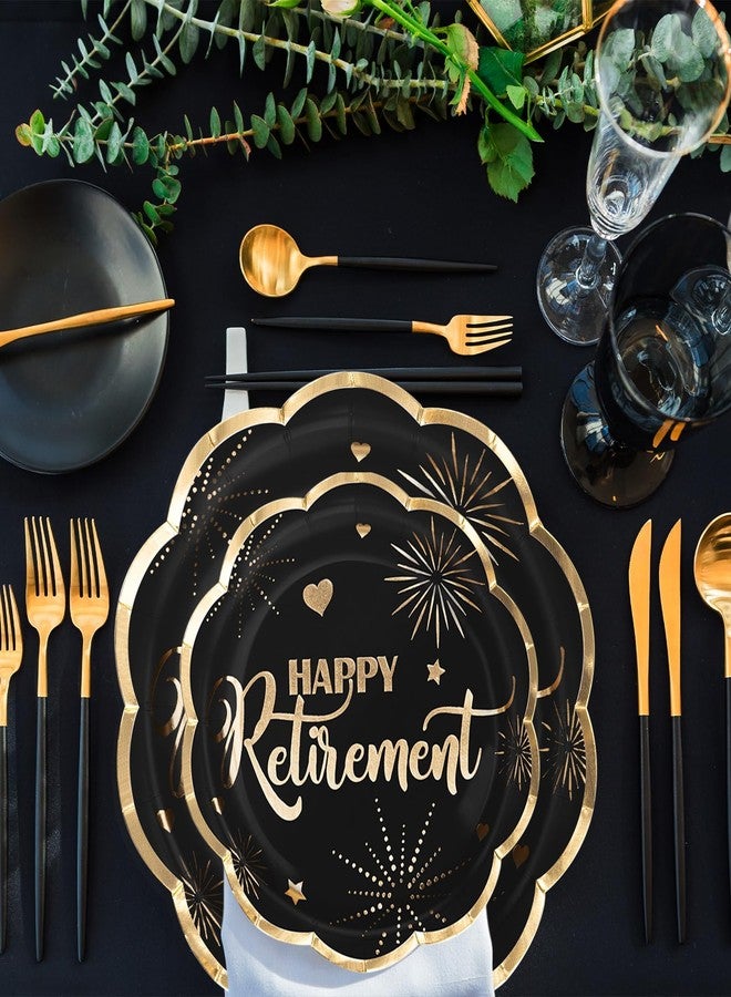 LeZakaa 25Pcs Retire Paper Plates - Happy Retirement Lettering in Black Design Gold Foil Retro Disposable Party Plates Decorative Tableware Supplies for Retirement, Farewell Party - 9 Inch - Image 3