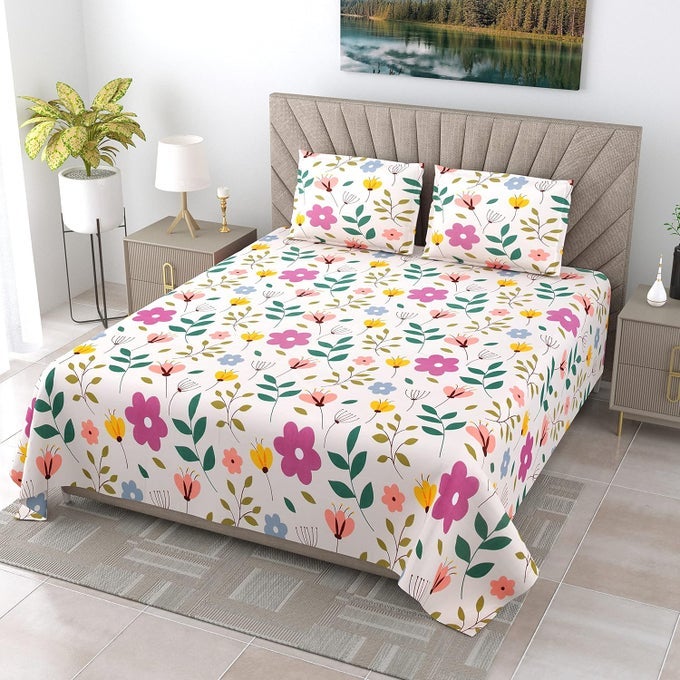 SUPER SOFT TWILIGHT FLORAL BEDSHEET BEDSHEET FOR DOUBLE BED KING SIZE DOUBLE BEDSHEET WITH 2 PILLOW COVERS PREMIUM PRINTED FLAT BED SHEET 106X107 INCHOFF WHITE