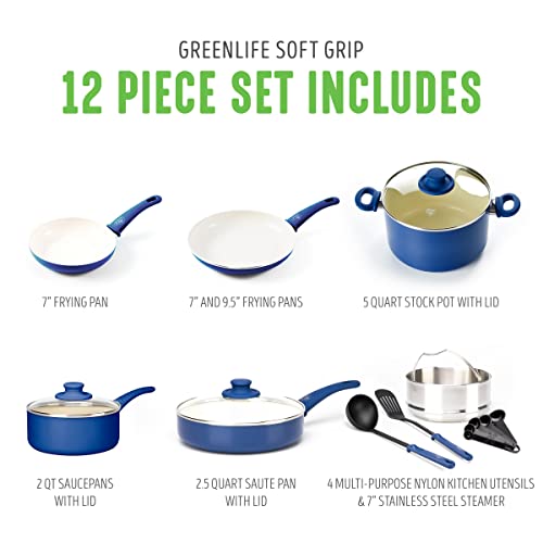GreenLife Soft Grip Healthy Ceramic Nonstick 12 Piece Cookware Pots and Pans Set, PFAS-Free, Dishwasher Safe, Blue - Image 2