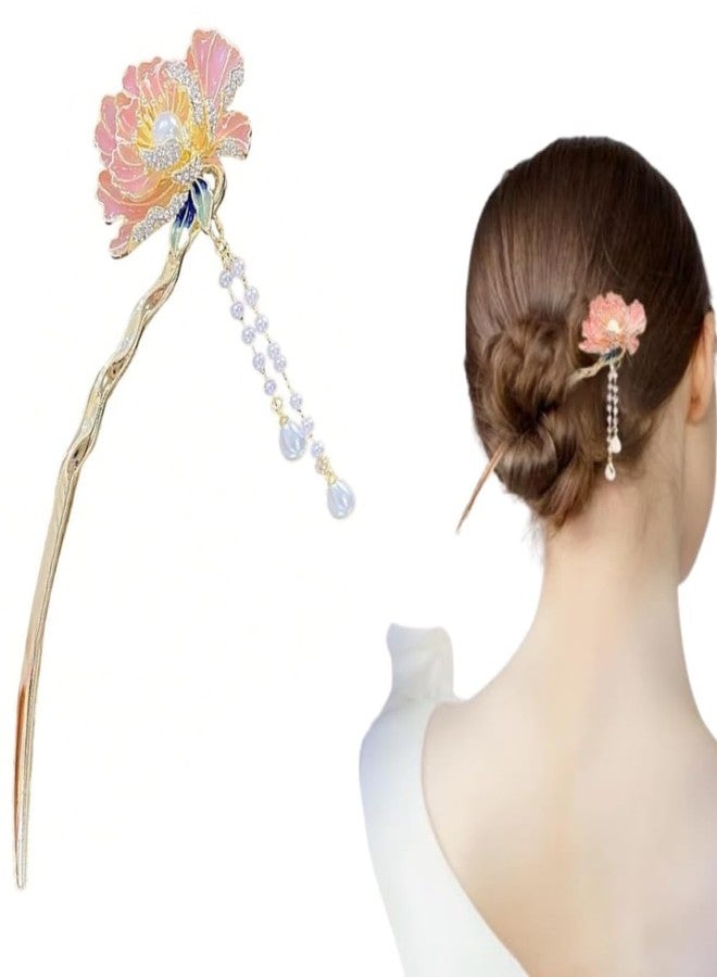 دبابيس شعر مزينة بالزهور الصينية، دبابيس شعر معدنية عتيقة بشرابة، عيدان شعر تقليدية للنساء، قطعة واحدة - Image 1