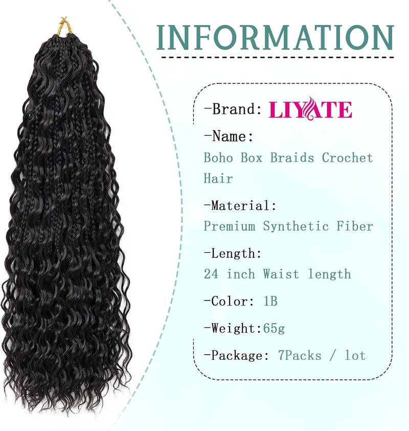Liyate Goddess Box Braids Crochet Hair for Women 24 Inch 7 Packs Black Bohemian Crochet Braids with Curly Ends Boho Box Braid Crochet Braiding Hair Extensions, 1B - Image 3