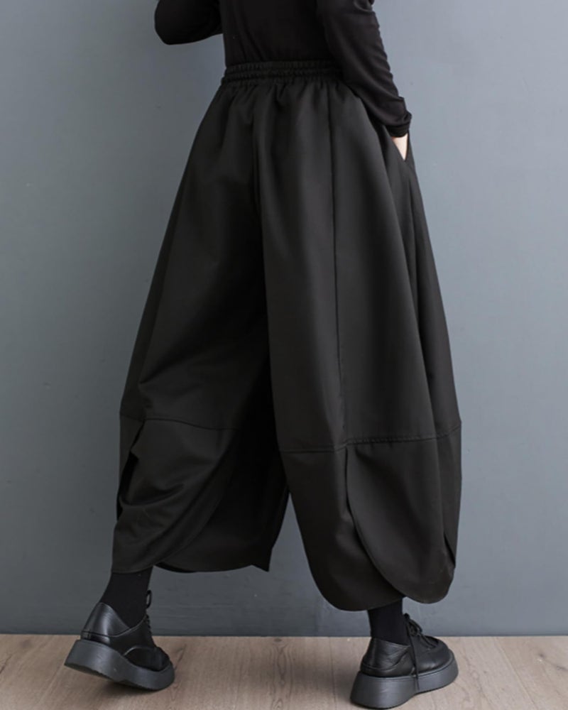 ellazhu Women's Puffy Drawstring Elastic Waist Drop Crotch Hakama Harem Balloon Wide Leg Pants GZ81 Black L - Image 2