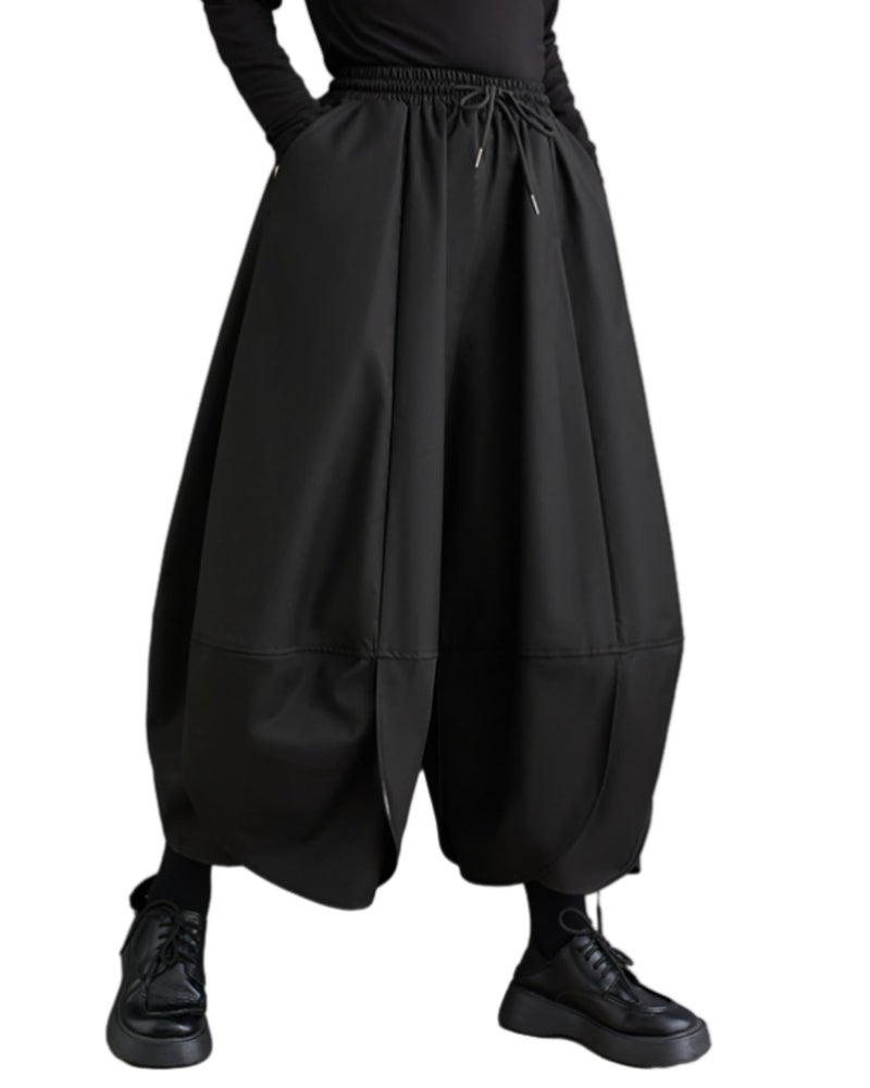 ellazhu Women's Puffy Drawstring Elastic Waist Drop Crotch Hakama Harem Balloon Wide Leg Pants GZ81 Black L - Image 1
