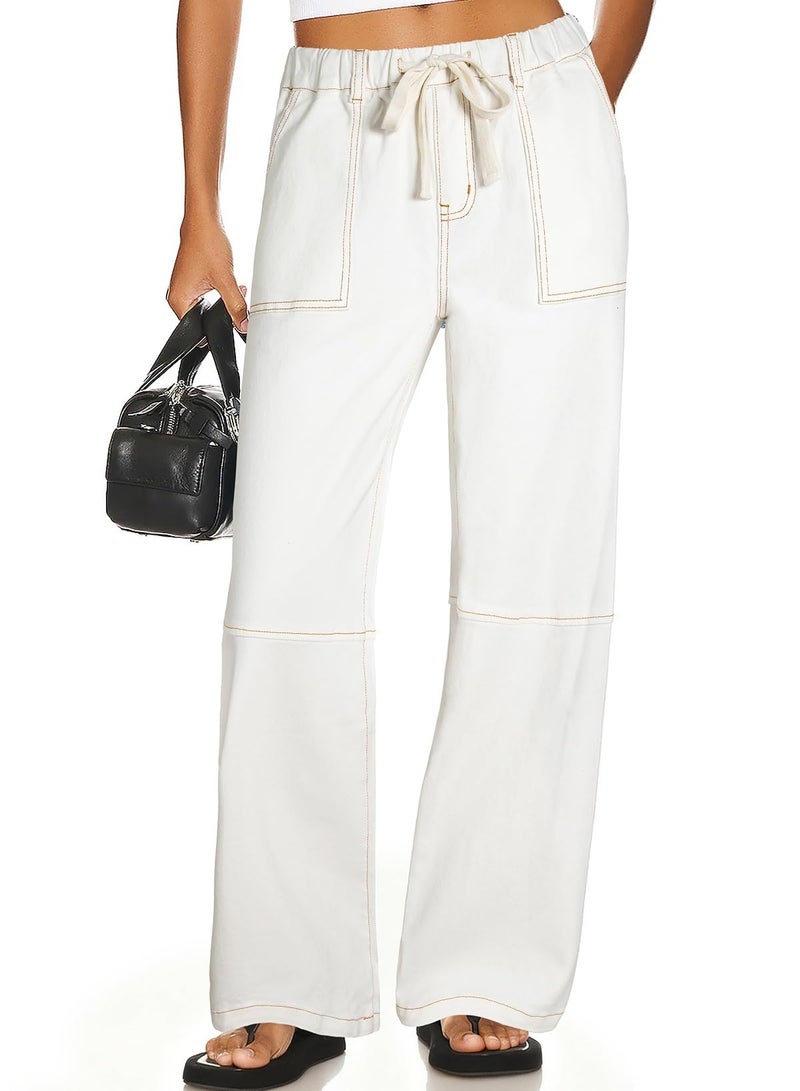 Sidefeel Women's Wide Leg Jeans High Waisted Elastic Stretchy Straight Leg Baggy Jeans Drawstring Trendy Loose Denim Pants Cream White Size 10 - Image 1