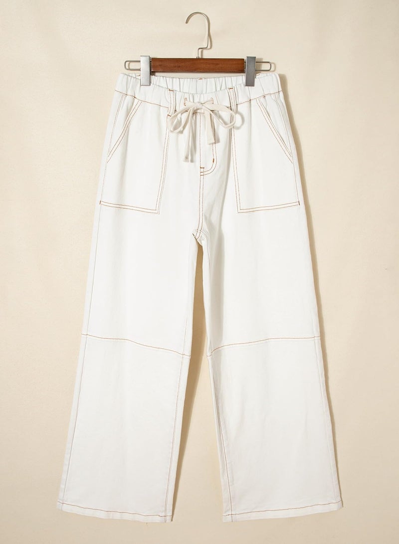 Sidefeel Women's Wide Leg Jeans High Waisted Elastic Stretchy Straight Leg Baggy Jeans Drawstring Trendy Loose Denim Pants Cream White Size 10 - Image 3