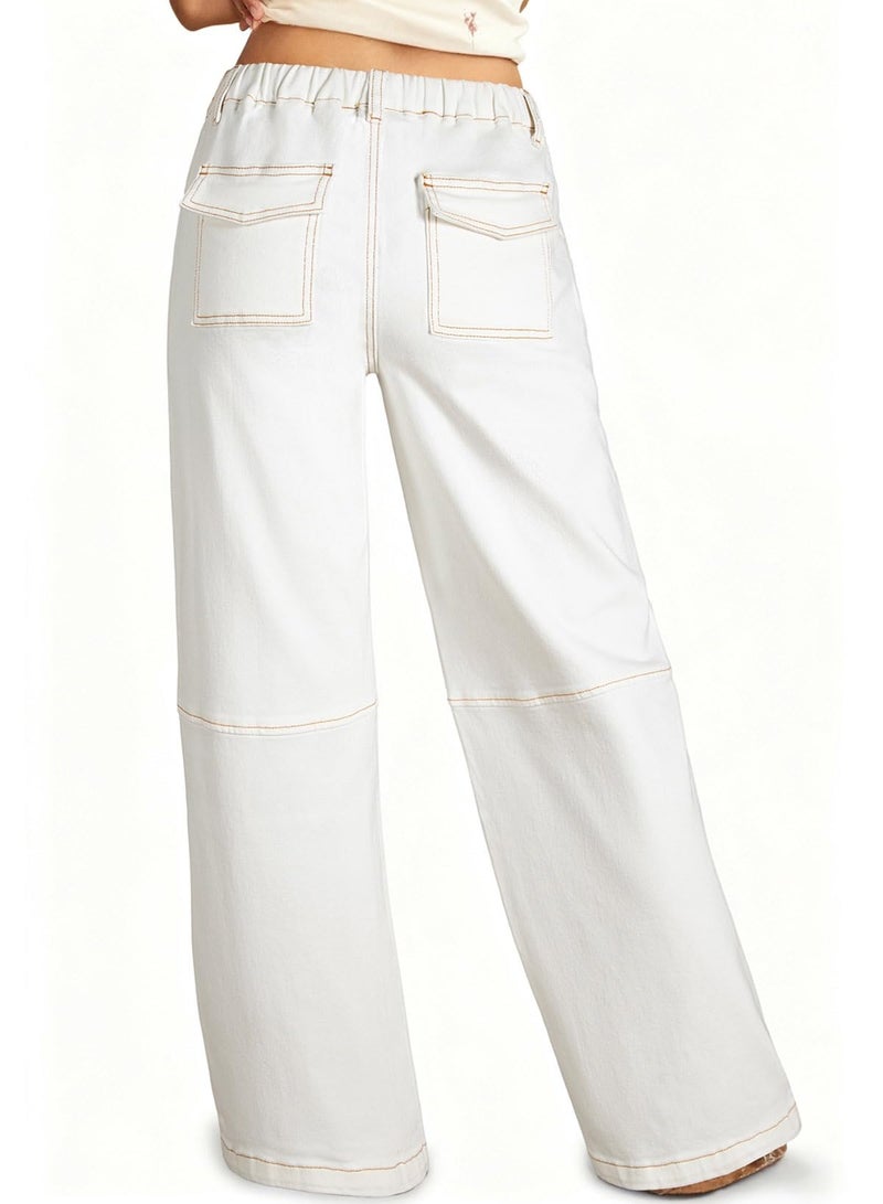 Sidefeel Women's Wide Leg Jeans High Waisted Elastic Stretchy Straight Leg Baggy Jeans Drawstring Trendy Loose Denim Pants Cream White Size 10 - Image 2