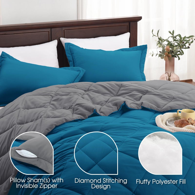 Basic Beyond California King Comforter Set Reversible Cal King Comforter Set  Algiers Blue/Charcoal Gray Comforter Set Cali King for All Seasons  1 Comforter 106""x92"" and 2 Pillow Shams 20""x36""+2"" - Image 4