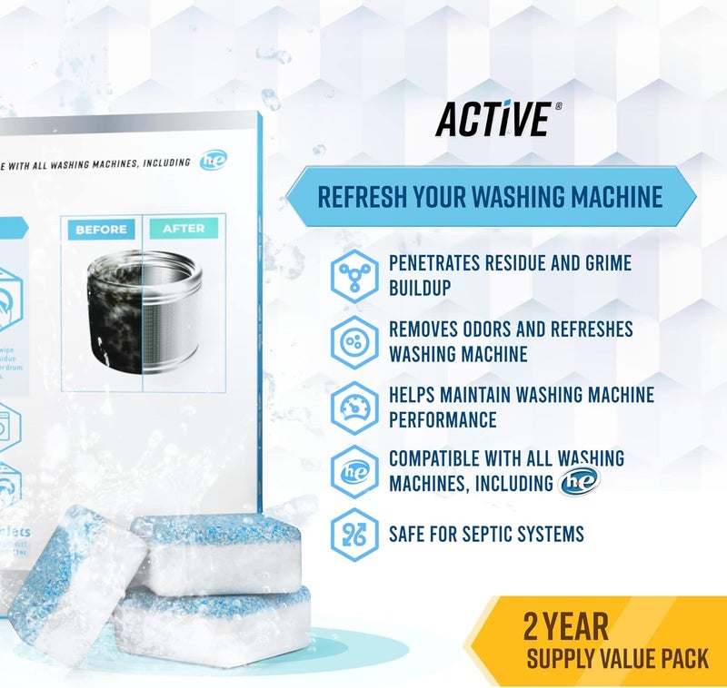 Active Washing Machine Cleaner Descaler 48 Pack - Value Size Deep Cleaning Tablets HE Front Loader & Top Load Washer, Septic Safe Eco-Friendly Deodorizer, Clean Inside Laundry Drum Tub Seal - 48 Count - Image 2