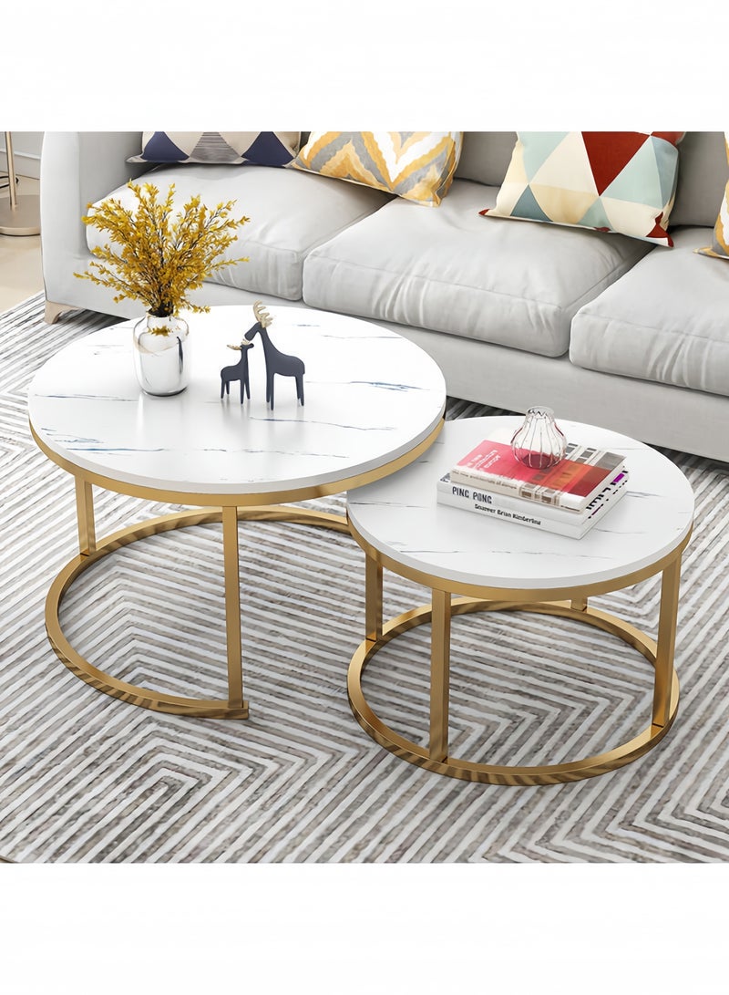 جيجيرو طقم طاولة قهوة دائرية مكون من طاولتين جانبيتين لغرفة المعيشة، طاولة قهوة دائرية ورخامية متداخلة مع طاولات جانبية قابلة للتكديس، لون أبيض - Image 1