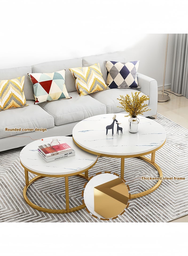 جيجيرو طقم طاولة قهوة دائرية مكون من طاولتين جانبيتين لغرفة المعيشة، طاولة قهوة دائرية ورخامية متداخلة مع طاولات جانبية قابلة للتكديس، لون أبيض - Image 2