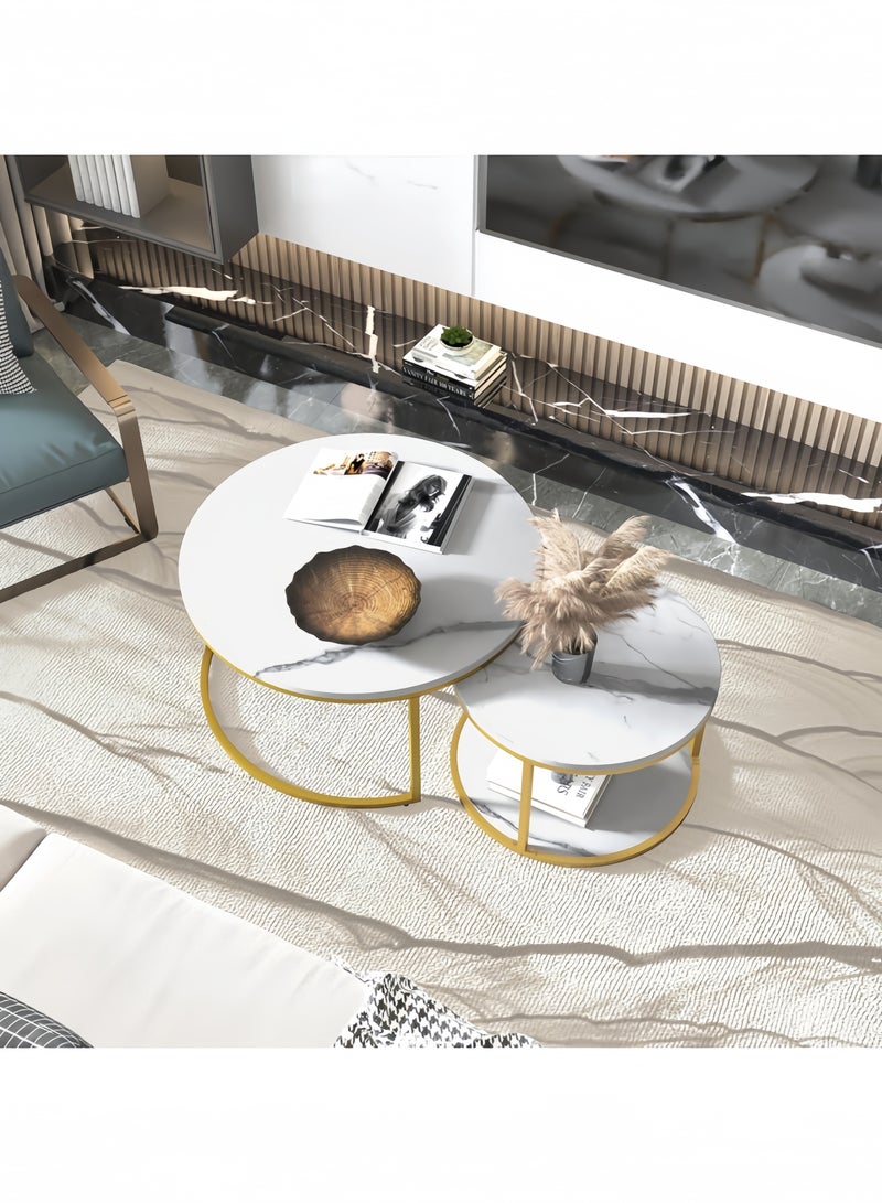 جيجيرو طقم طاولة قهوة دائرية مكون من طاولتين جانبيتين لغرفة المعيشة، طاولة قهوة دائرية ورخامية متداخلة مع طاولات جانبية قابلة للتكديس، لون أبيض - Image 3