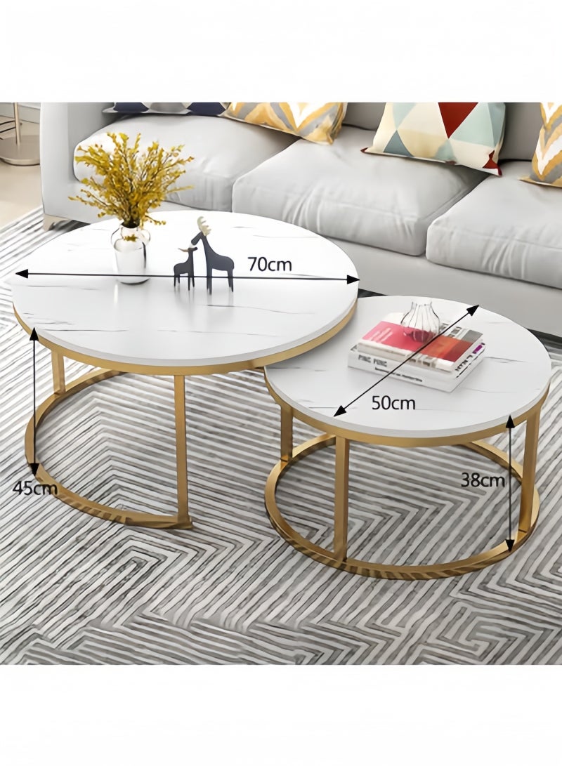 جيجيرو طقم طاولة قهوة دائرية مكون من طاولتين جانبيتين لغرفة المعيشة، طاولة قهوة دائرية ورخامية متداخلة مع طاولات جانبية قابلة للتكديس، لون أبيض - Image 4