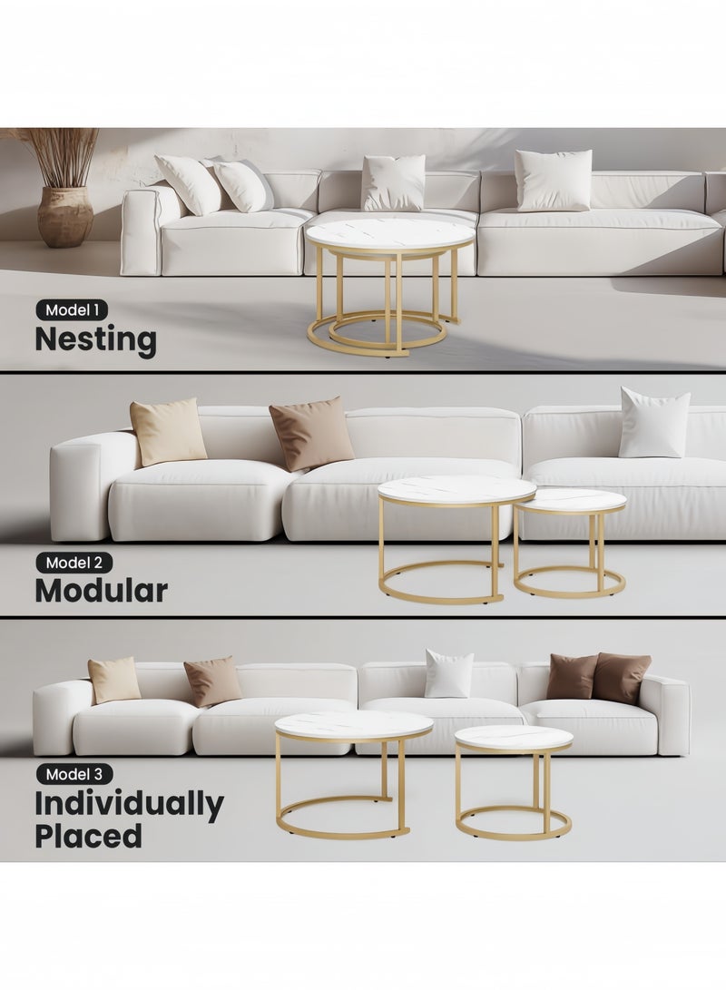 جيجيرو طقم طاولة قهوة دائرية مكون من طاولتين جانبيتين لغرفة المعيشة، طاولة قهوة دائرية ورخامية متداخلة مع طاولات جانبية قابلة للتكديس، لون أبيض - Image 5