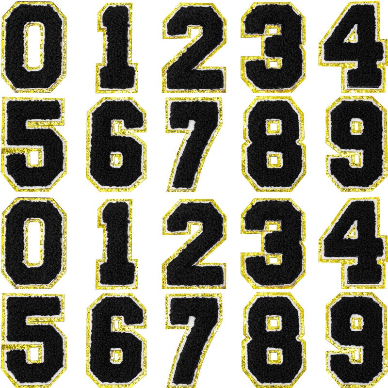 Juinte Juinte 20 Pcs 315 in Chenille Iron on Numbers Embroidery Patches with Glitter Sequins Sew 09 Applique for Team Uniform Sports TShirt Football Jeans Bags DecorsBlack