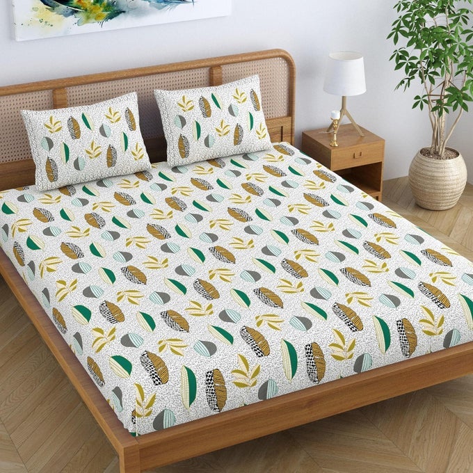 COTTON BLEND JAIPUR PRINTED DOUBLE BEDSHEET KING SIZE WITH 2 PILLOW COVERS TRADITIONAL FLORAL DESIGN FOREST GREEN