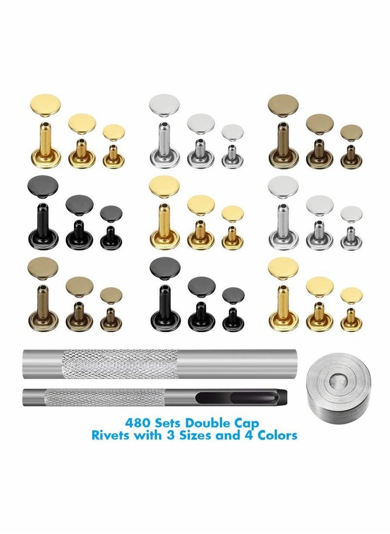 Y&D - 480 Sets Rivets for Leather, Leather Rivet Kit, 4 Colors 3 Sizes and Snaps Crafts, Clothes, Shoes, Boots, Bags, Decoration (Gold, Silver, Bronze Gunmetal) - Image 1