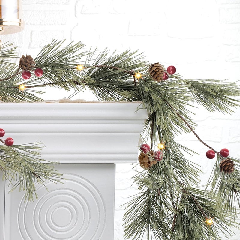 64 FT Artificial Cedar Garlands Real Touch Winter Pine Garland with Red Berries Green Greenery Garland for Table Mantle Wall Indoor Outdoor Christmas Decorations