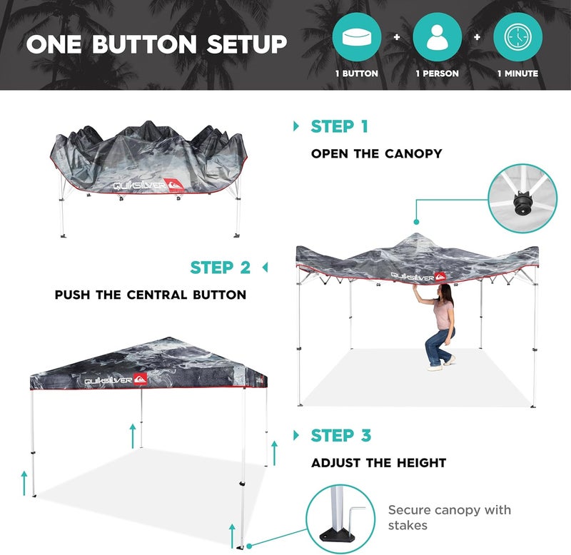 QUIKSILVER QUIKSILVER 10x10 Pop Up Canopy  Beach Tent with One Push Setup  Outdoor Sun Shade for Beach Events Parties Camping  Portable Gazebo with Carry Bag - Image 2