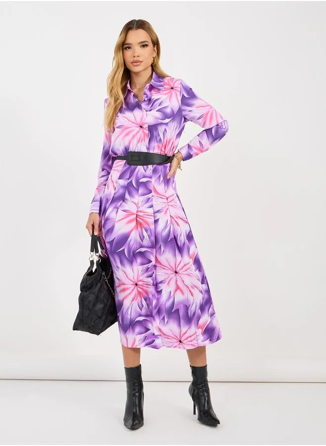 Styli Floral Print Long Sleeves Shirt Midi Dress