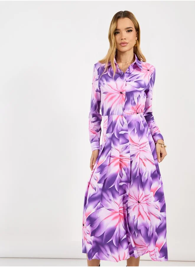 Styli Floral Print Long Sleeves Shirt Midi Dress