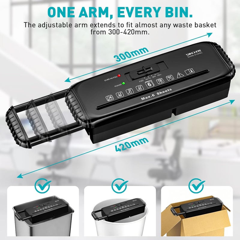 SINCHER 6-Sheet Strip Cut Paper Shredder Without Basket, Extendable Arm, Overheat & Jam Protection, Compact Design for Home and Office Use - Image 4
