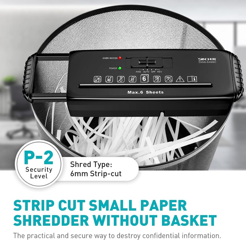 SINCHER 6-Sheet Strip Cut Paper Shredder Without Basket, Extendable Arm, Overheat & Jam Protection, Compact Design for Home and Office Use - Image 3